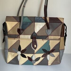 Vintage Mexican Patchwork Leather Tote Bag Multicolor Floral  Retro Multicolor